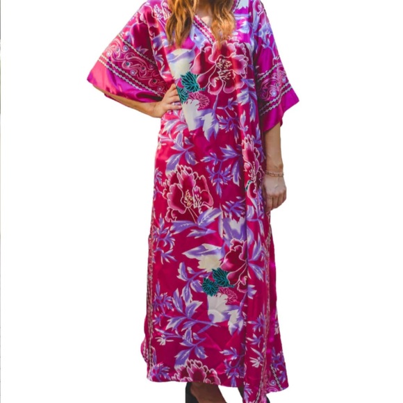 CARESS PINK FLORAL MIX S-4XL LOUNGE COVERUP ROBE RESORT MAXI GOWN DRESS KAFTAN - Picture 4 of 5